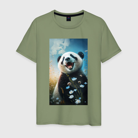 Мужская футболка хлопок с принтом Панда с цветочками в Белгороде, 100% хлопок | прямой крой, круглый вырез горловины, длина до линии бедер, слегка спущенное плечо. | 