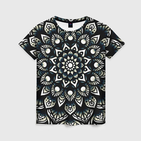 Женская футболка 3D с принтом Мандала чёрно белая в Белгороде, 100% полиэфир ( синтетическое хлопкоподобное полотно) | прямой крой, круглый вырез горловины, длина до линии бедер | 