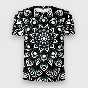 Мужская футболка 3D Slim с принтом Мандала чёрно белая в Белгороде, 100% полиэстер с улучшенными характеристиками | приталенный силуэт, круглая горловина, широкие плечи, сужается к линии бедра | 