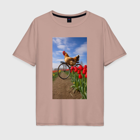 Мужская футболка хлопок Oversize с принтом Петух на велосипеде в Екатеринбурге, 100% хлопок | свободный крой, круглый ворот, “спинка” длиннее передней части | 
