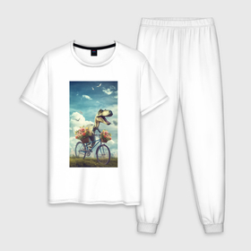 Мужская пижама хлопок с принтом Динозавр едет на велосипеде в Курске, 100% хлопок | брюки и футболка прямого кроя, без карманов, на брюках мягкая резинка на поясе и по низу штанин
 | 