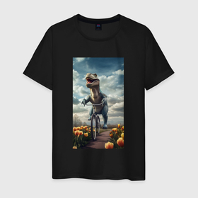 Мужская футболка хлопок с принтом Динозавр  на велосипеде в Санкт-Петербурге, 100% хлопок | прямой крой, круглый вырез горловины, длина до линии бедер, слегка спущенное плечо. | 