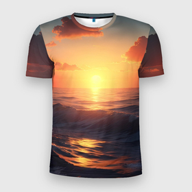 Мужская футболка 3D Slim с принтом Закат над морем в Белгороде, 100% полиэстер с улучшенными характеристиками | приталенный силуэт, круглая горловина, широкие плечи, сужается к линии бедра | 