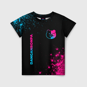 Детская футболка 3D с принтом Danganronpa   neon gradient: надпись, символ в Кировске, 100% гипоаллергенный полиэфир | прямой крой, круглый вырез горловины, длина до линии бедер, чуть спущенное плечо, ткань немного тянется | 