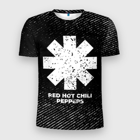 Мужская футболка 3D Slim с принтом Red Hot Chili Peppers с потертостями на темном фоне в Тюмени, 100% полиэстер с улучшенными характеристиками | приталенный силуэт, круглая горловина, широкие плечи, сужается к линии бедра | 