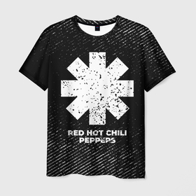 Мужская футболка 3D с принтом Red Hot Chili Peppers с потертостями на темном фоне в Кировске, 100% полиэфир | прямой крой, круглый вырез горловины, длина до линии бедер | 