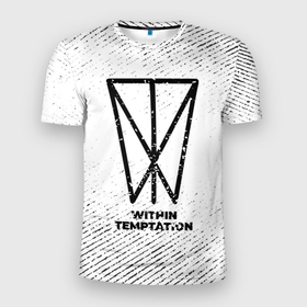 Мужская футболка 3D Slim с принтом Within Temptation с потертостями на светлом фоне в Екатеринбурге, 100% полиэстер с улучшенными характеристиками | приталенный силуэт, круглая горловина, широкие плечи, сужается к линии бедра | Тематика изображения на принте: 