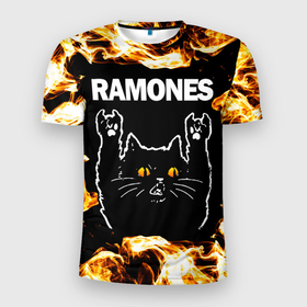 Мужская футболка 3D Slim с принтом Ramones рок кот и огонь в Курске, 100% полиэстер с улучшенными характеристиками | приталенный силуэт, круглая горловина, широкие плечи, сужается к линии бедра | 
