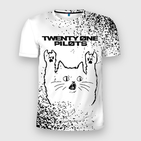 Мужская футболка 3D Slim с принтом Twenty One Pilots рок кот на светлом фоне в Тюмени, 100% полиэстер с улучшенными характеристиками | приталенный силуэт, круглая горловина, широкие плечи, сужается к линии бедра | 