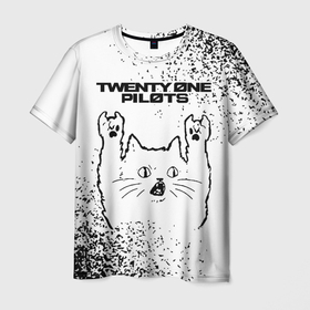 Мужская футболка 3D с принтом Twenty One Pilots рок кот на светлом фоне , 100% полиэфир | прямой крой, круглый вырез горловины, длина до линии бедер | 