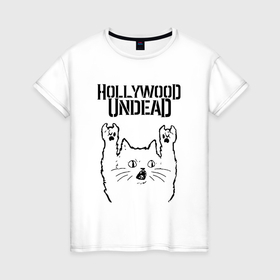 Женская футболка хлопок с принтом Hollywood Undead   rock cat в Курске, 100% хлопок | прямой крой, круглый вырез горловины, длина до линии бедер, слегка спущенное плечо | 