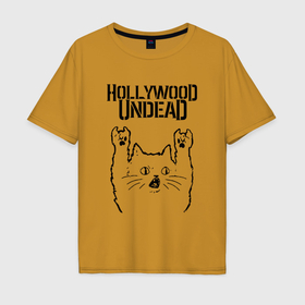 Мужская футболка хлопок Oversize с принтом Hollywood Undead   rock cat в Петрозаводске, 100% хлопок | свободный крой, круглый ворот, “спинка” длиннее передней части | 