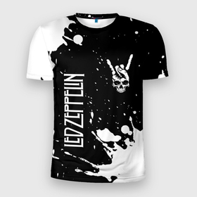 Мужская футболка 3D Slim с принтом Led Zeppelin и рок символ на темном фоне в Белгороде, 100% полиэстер с улучшенными характеристиками | приталенный силуэт, круглая горловина, широкие плечи, сужается к линии бедра | 