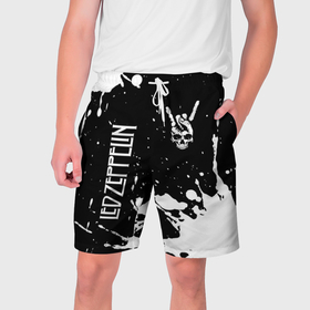 Мужские шорты 3D с принтом Led Zeppelin и рок символ на темном фоне в Тюмени,  полиэстер 100% | прямой крой, два кармана без застежек по бокам. Мягкая трикотажная резинка на поясе, внутри которой широкие завязки. Длина чуть выше колен | 