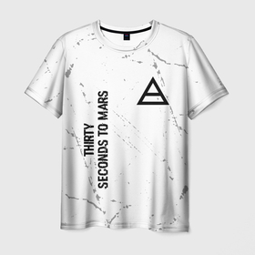 Мужская футболка 3D с принтом Thirty Seconds to Mars glitch на светлом фоне: надпись, символ в Санкт-Петербурге, 100% полиэфир | прямой крой, круглый вырез горловины, длина до линии бедер | 