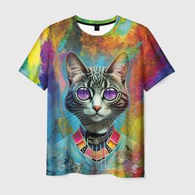 Мужская футболка 3D с принтом Cat fashionista   neural network в Кировске, 100% полиэфир | прямой крой, круглый вырез горловины, длина до линии бедер | 