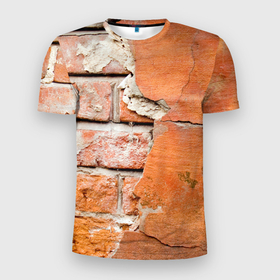 Мужская футболка 3D Slim с принтом кирпичная стена под штукатуркой в Кировске, 100% полиэстер с улучшенными характеристиками | приталенный силуэт, круглая горловина, широкие плечи, сужается к линии бедра | 