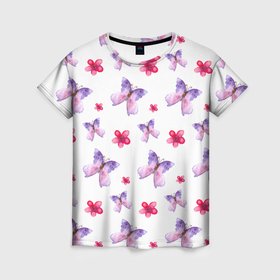 Женская футболка 3D с принтом Spring butterflies , 100% полиэфир ( синтетическое хлопкоподобное полотно) | прямой крой, круглый вырез горловины, длина до линии бедер | Тематика изображения на принте: 
