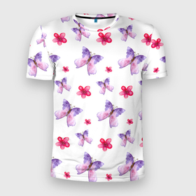 Мужская футболка 3D Slim с принтом Spring butterflies в Курске, 100% полиэстер с улучшенными характеристиками | приталенный силуэт, круглая горловина, широкие плечи, сужается к линии бедра | 