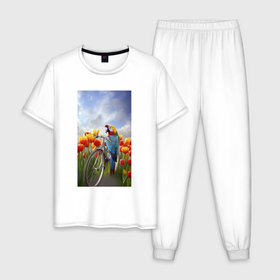 Мужская пижама хлопок с принтом Попугай  на  велосипеде в Курске, 100% хлопок | брюки и футболка прямого кроя, без карманов, на брюках мягкая резинка на поясе и по низу штанин
 | 