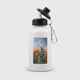 Бутылка спортивная с принтом Попугай на   велосипеде в Кировске, металл | емкость — 500 мл, в комплекте две пластиковые крышки и карабин для крепления | Тематика изображения на принте: 