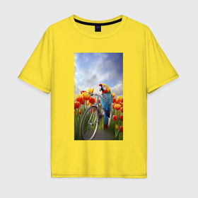 Мужская футболка хлопок Oversize с принтом Попугай  на  велосипеде в Курске, 100% хлопок | свободный крой, круглый ворот, “спинка” длиннее передней части | 