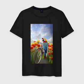 Мужская футболка хлопок с принтом Попугай  на  велосипеде в Курске, 100% хлопок | прямой крой, круглый вырез горловины, длина до линии бедер, слегка спущенное плечо. | 