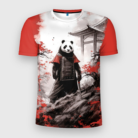 Мужская футболка 3D Slim с принтом Panda samurai в Екатеринбурге, 100% полиэстер с улучшенными характеристиками | приталенный силуэт, круглая горловина, широкие плечи, сужается к линии бедра | 