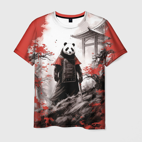 Мужская футболка 3D с принтом Panda samurai , 100% полиэфир | прямой крой, круглый вырез горловины, длина до линии бедер | 