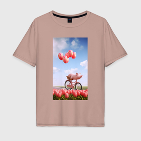 Мужская футболка хлопок Oversize с принтом Поросенок на велосипеде в Тюмени, 100% хлопок | свободный крой, круглый ворот, “спинка” длиннее передней части | 