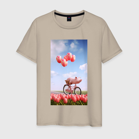 Мужская футболка хлопок с принтом Поросенок на велосипеде в Екатеринбурге, 100% хлопок | прямой крой, круглый вырез горловины, длина до линии бедер, слегка спущенное плечо. | 