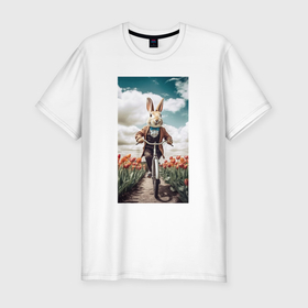 Мужская футболка хлопок Slim с принтом Кролик едет на велосипеде в Новосибирске, 92% хлопок, 8% лайкра | приталенный силуэт, круглый вырез ворота, длина до линии бедра, короткий рукав | Тематика изображения на принте: 