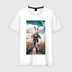 Мужская футболка хлопок с принтом Кролик едет на велосипеде в Новосибирске, 100% хлопок | прямой крой, круглый вырез горловины, длина до линии бедер, слегка спущенное плечо. | Тематика изображения на принте: 