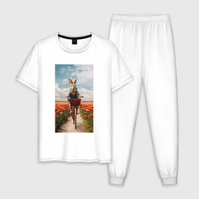 Мужская пижама хлопок с принтом Заяц едет на велосипеде в Белгороде, 100% хлопок | брюки и футболка прямого кроя, без карманов, на брюках мягкая резинка на поясе и по низу штанин
 | 