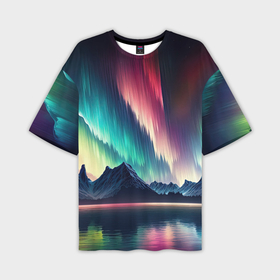 Мужская футболка oversize 3D с принтом Северное сияние над горами ,  |  | 