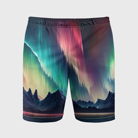 Мужские шорты спортивные с принтом Северное сияние над горами ,  |  | Тематика изображения на принте: 