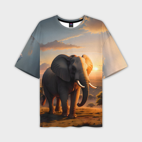 Мужская футболка oversize 3D с принтом Африканский слон в саванне в Екатеринбурге,  |  | 