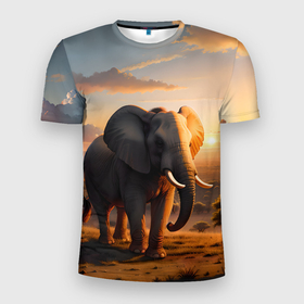 Мужская футболка 3D Slim с принтом Африканский слон в саванне в Екатеринбурге, 100% полиэстер с улучшенными характеристиками | приталенный силуэт, круглая горловина, широкие плечи, сужается к линии бедра | 