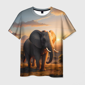 Мужская футболка 3D с принтом Африканский слон в саванне в Тюмени, 100% полиэфир | прямой крой, круглый вырез горловины, длина до линии бедер | 