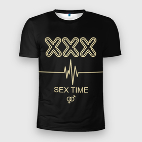 Мужская футболка 3D Slim с принтом Sex Time в Новосибирске, 100% полиэстер с улучшенными характеристиками | приталенный силуэт, круглая горловина, широкие плечи, сужается к линии бедра | 