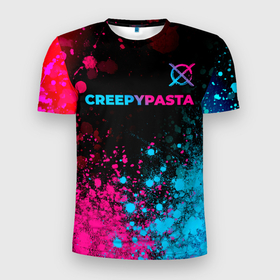 Мужская футболка 3D Slim с принтом CreepyPasta   neon gradient: символ сверху , 100% полиэстер с улучшенными характеристиками | приталенный силуэт, круглая горловина, широкие плечи, сужается к линии бедра | 