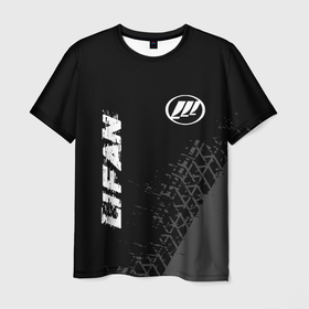 Мужская футболка 3D с принтом Lifan speed на темном фоне со следами шин: надпись, символ в Тюмени, 100% полиэфир | прямой крой, круглый вырез горловины, длина до линии бедер | 