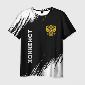 Мужская футболка 3D с принтом Хоккеист из России и герб РФ: надпись, символ в Новосибирске, 100% полиэфир | прямой крой, круглый вырез горловины, длина до линии бедер | 