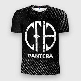 Мужская футболка 3D Slim с принтом Pantera с потертостями на темном фоне в Екатеринбурге, 100% полиэстер с улучшенными характеристиками | приталенный силуэт, круглая горловина, широкие плечи, сужается к линии бедра | 