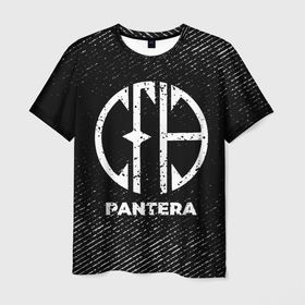 Мужская футболка 3D с принтом Pantera с потертостями на темном фоне в Кировске, 100% полиэфир | прямой крой, круглый вырез горловины, длина до линии бедер | 