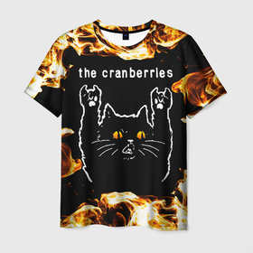 Мужская футболка 3D с принтом The Cranberries рок кот и огонь , 100% полиэфир | прямой крой, круглый вырез горловины, длина до линии бедер | 