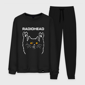 Мужской костюм хлопок с принтом Radiohead rock cat в Петрозаводске, 100% хлопок | на свитшоте круглая горловина, мягкая резинка по низу. Брюки заужены к низу, на них два вида карманов: два “обычных” по бокам и два объемных, с клапанами, расположенные ниже линии бедра. Брюки с мягкой трикотажной резинкой на поясе и по низу штанин. В поясе для дополнительного комфорта — широкие завязки | 