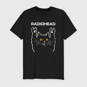 Мужская футболка хлопок Slim с принтом Radiohead rock cat в Екатеринбурге, 92% хлопок, 8% лайкра | приталенный силуэт, круглый вырез ворота, длина до линии бедра, короткий рукав | 