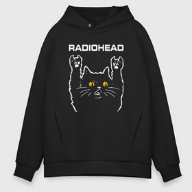 Мужское худи Oversize хлопок с принтом Radiohead rock cat в Екатеринбурге, френч-терри — 70% хлопок, 30% полиэстер. Мягкий теплый начес внутри —100% хлопок | боковые карманы, эластичные манжеты и нижняя кромка, капюшон на магнитной кнопке | Тематика изображения на принте: 