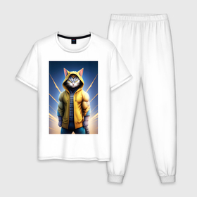 Мужская пижама хлопок с принтом Супер кот в капюшоне в Курске, 100% хлопок | брюки и футболка прямого кроя, без карманов, на брюках мягкая резинка на поясе и по низу штанин
 | Тематика изображения на принте: 